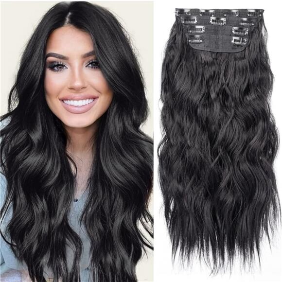 4PCS Clip in Hair Extensions, Black 20 Inch